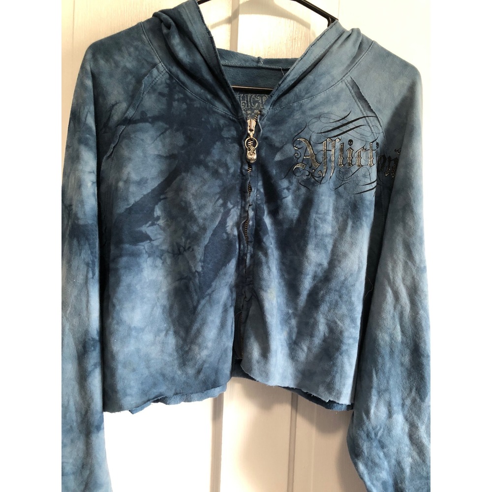 Affliction Womens Blue Tie Dye Cropped Zip Up Hoodie Rhinestone Graphic goth XL*
